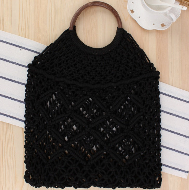 Popula Cotton Rope Hollow Straw Bag Sheer Macrame Tote wooden ring rattan handle Net Bag Vintage Retro Chic handbag