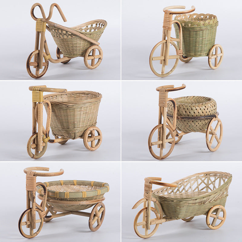 Pure Handmade Bamboo Storage Refreshment Basket Fruit Plate Tricycle Creative Home Decoration