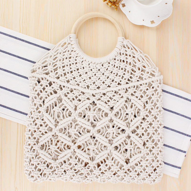 Popula Cotton Rope Hollow Straw Bag Sheer Macrame Tote wooden ring rattan handle Net Bag Vintage Retro Chic handbag