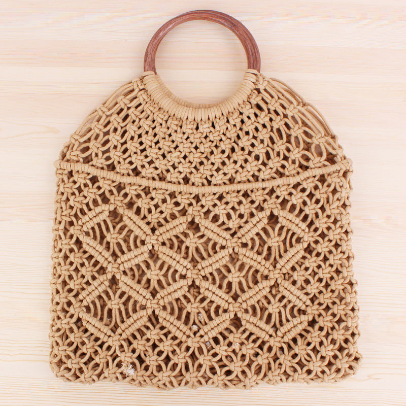 Popula Cotton Rope Hollow Straw Bag Sheer Macrame Tote wooden ring rattan handle Net Bag Vintage Retro Chic handbag