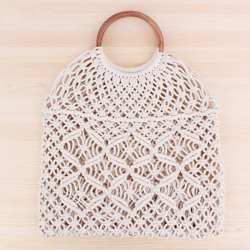 Popula Cotton Rope Hollow Straw Bag Sheer Macrame Tote wooden ring rattan handle Net Bag Vintage Retro Chic handbag