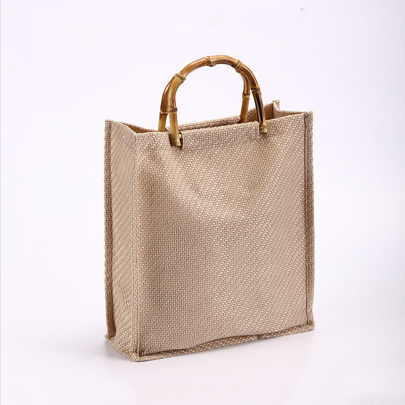 Ladies Simple Bamboo Handle Cotton Linen Tote Bag