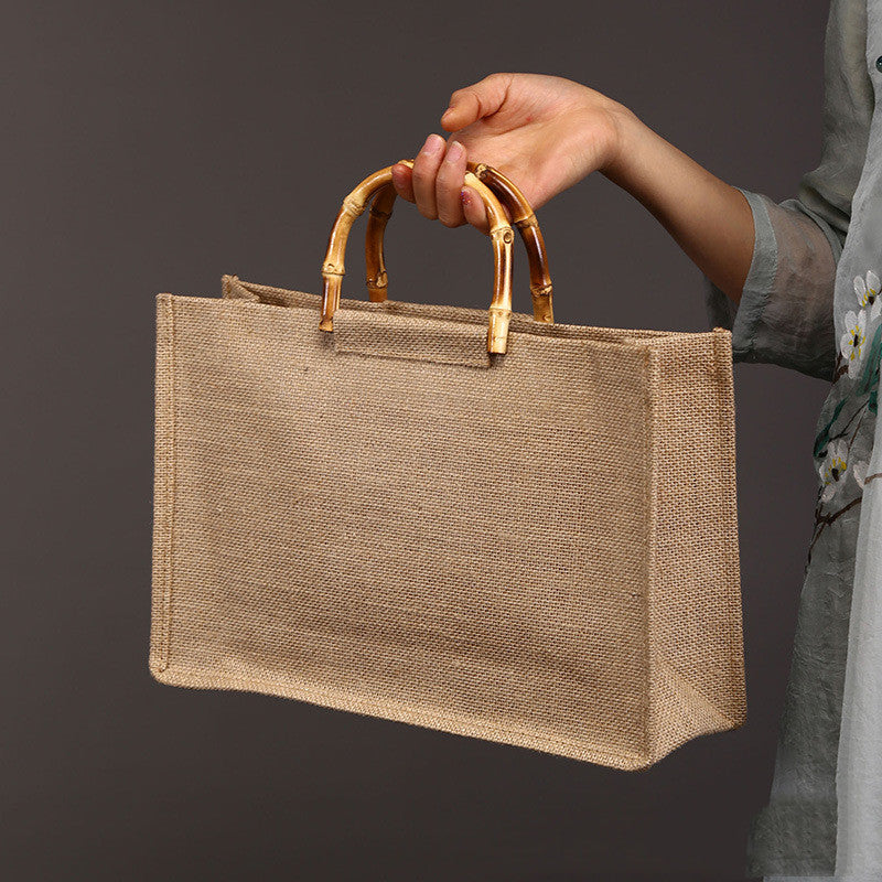 Ladies Simple Bamboo Handle Cotton Linen Tote Bag