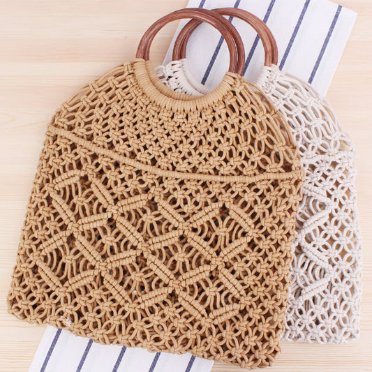 Popula Cotton Rope Hollow Straw Bag Sheer Macrame Tote wooden ring rattan handle Net Bag Vintage Retro Chic handbag