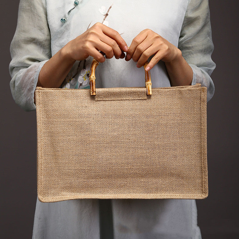 Ladies Simple Bamboo Handle Cotton Linen Tote Bag