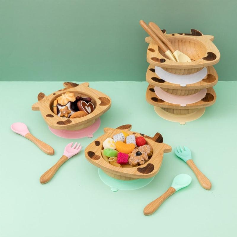 Bamboo Bowl And Plate Bear Dinner Plate Silicone Spoon Set